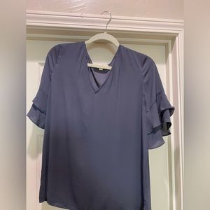 LOFT Short Flutter Sleeve Costal Grey Blouse